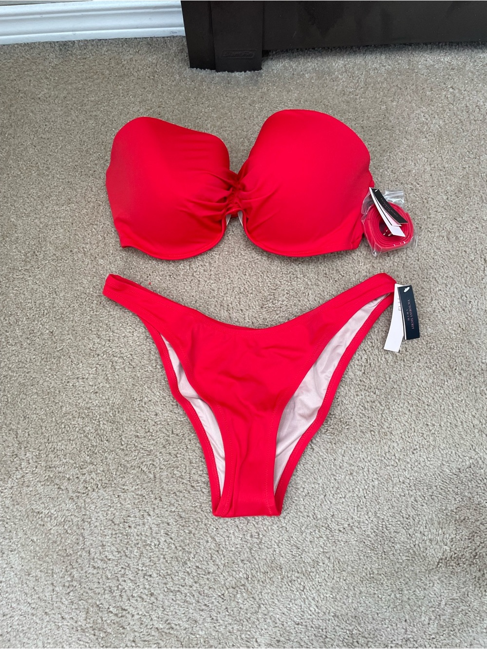 Victoria's Secret Red Strapless Bandeau Bikini Set 38DD top large bottom